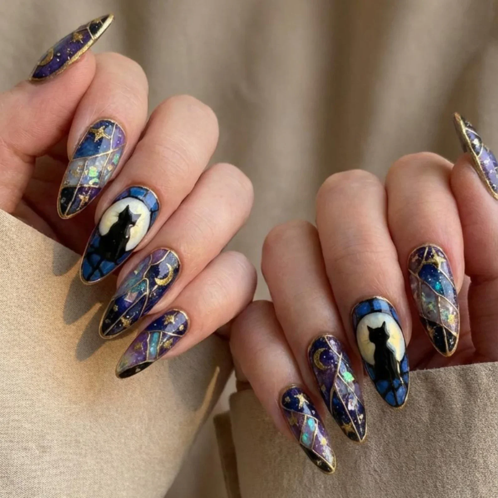 black cat manicure, galaxy press ons, press on nails, custom press on nails, fake nails, Nails Art, stained glass nails, gold press on nails, 3d press on nails, luxury press on nails, handmade press on nails