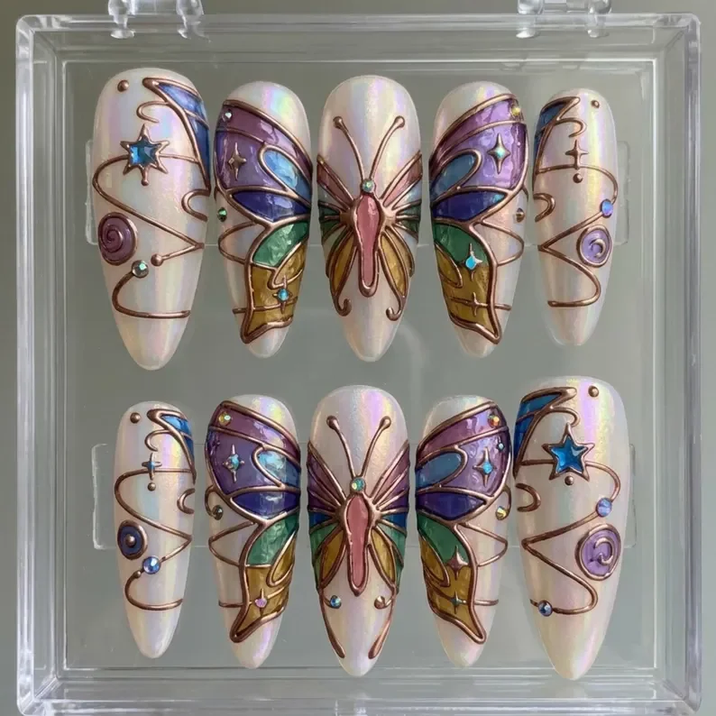 mystical butterfly, cloisonné nails, press on nails, custom press on nails, fake nails, Nails Art, stained glass nails, gold press on nails, 3d press on nails, luxury press on nails, handmade press on nails