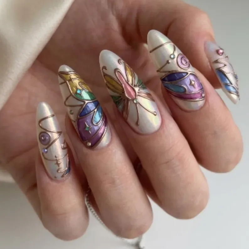 hand-painted 3D, stained glass press, press on nails, custom press on nails, fake nails, Nails Art, stained glass nails, gold press on nails, 3d press on nails, luxury press on nails, handmade press on nails