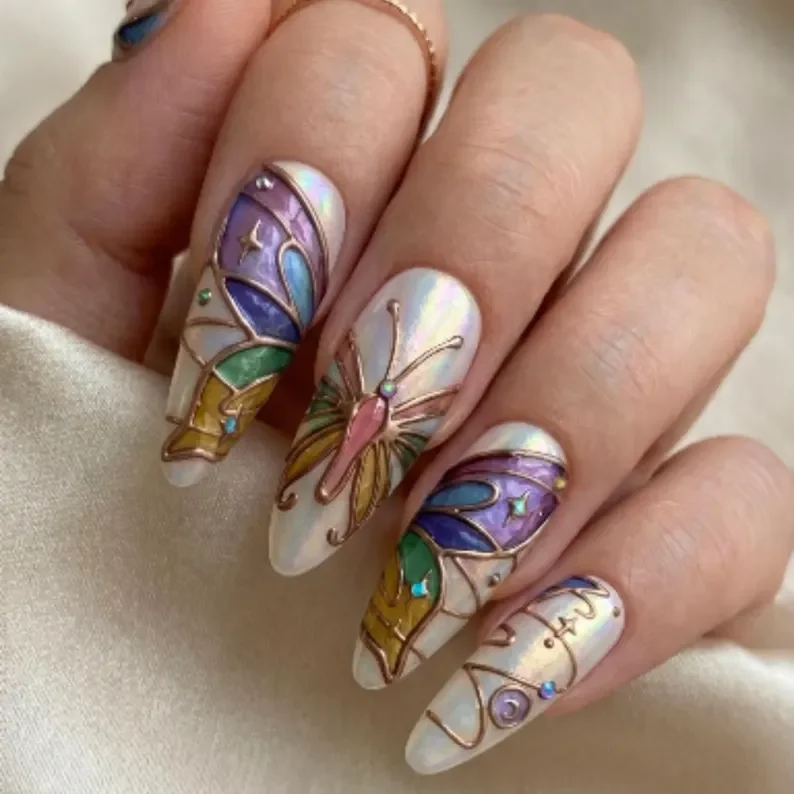 iridescent opal, fairy art nails, press on nails, custom press on nails, fake nails, Nails Art, stained glass nails, gold press on nails, 3d press on nails, luxury press on nails, handmade press on nails
