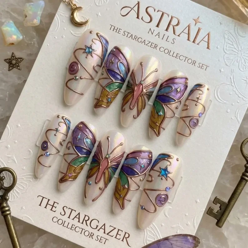 cloisonné design, mystical butterfly, press on nails, custom press on nails, fake nails, Nails Art, stained glass nails, gold press on nails, 3d press on nails, luxury press on nails, handmade press on nails