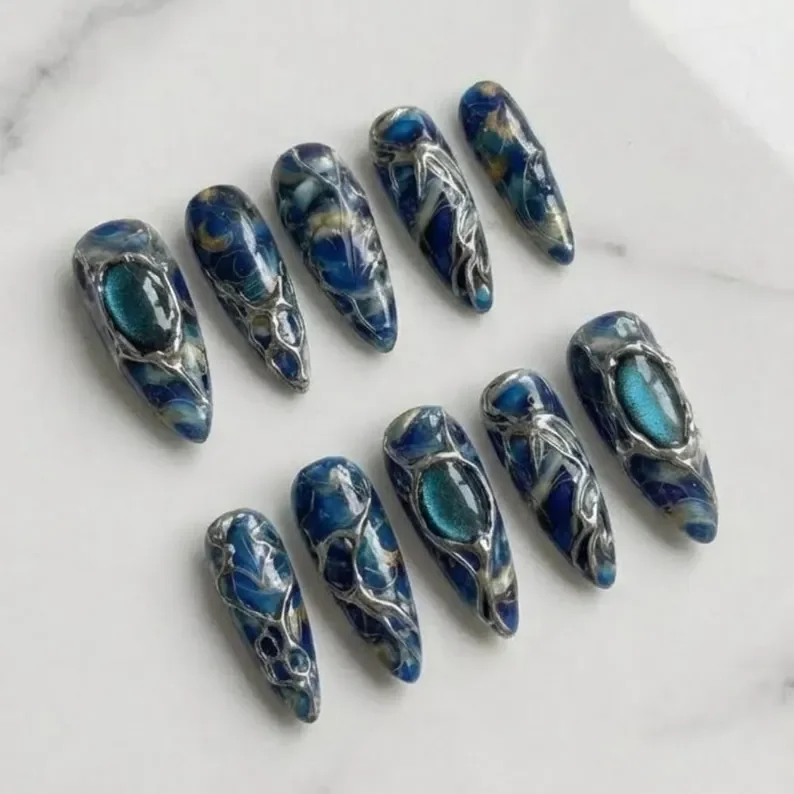 chrome lines, mystical nails, press on nails, custom press on nails, fake nails, Nails Art, stained glass nails, gold press on nails, 3d press on nails, luxury press on nails, handmade press on nails