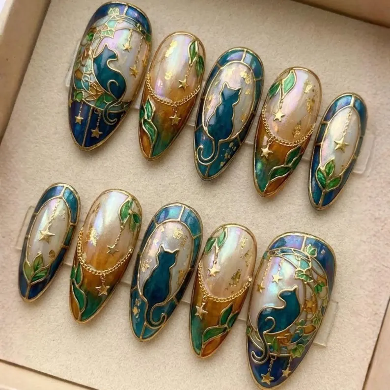 mystical cat nails, press on nails, custom press on nails, fake nails, Nails Art, stained glass nails, gold press on nails, 3d press on nails, luxury press on nails, handmade press on nails