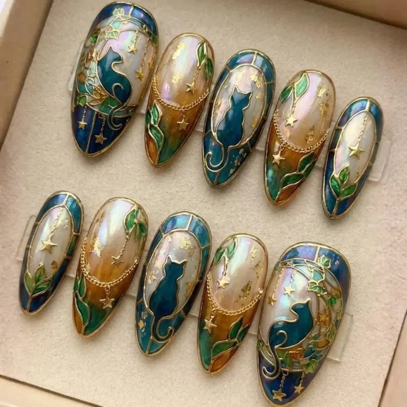 mystical cat nails, press on nails, custom press on nails, fake nails, Nails Art, stained glass nails, gold press on nails, 3d press on nails, luxury press on nails, handmade press on nails