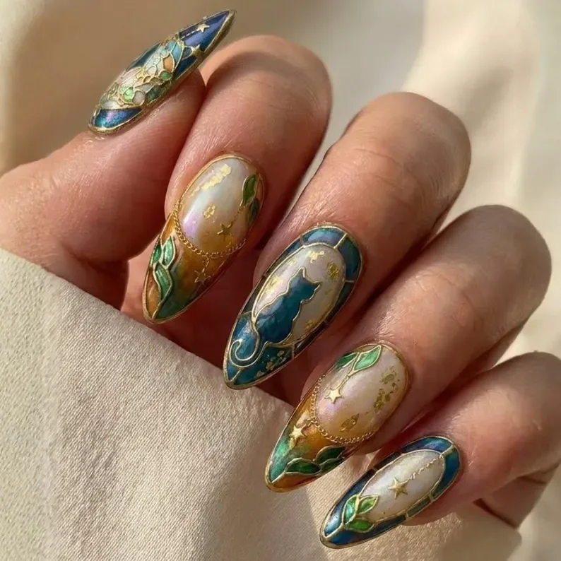 3D gold stars, moon nail art, press on nails, custom press on nails, fake nails, Nails Art, stained glass nails, gold press on nails, 3d press on nails, luxury press on nails, handmade press on nails