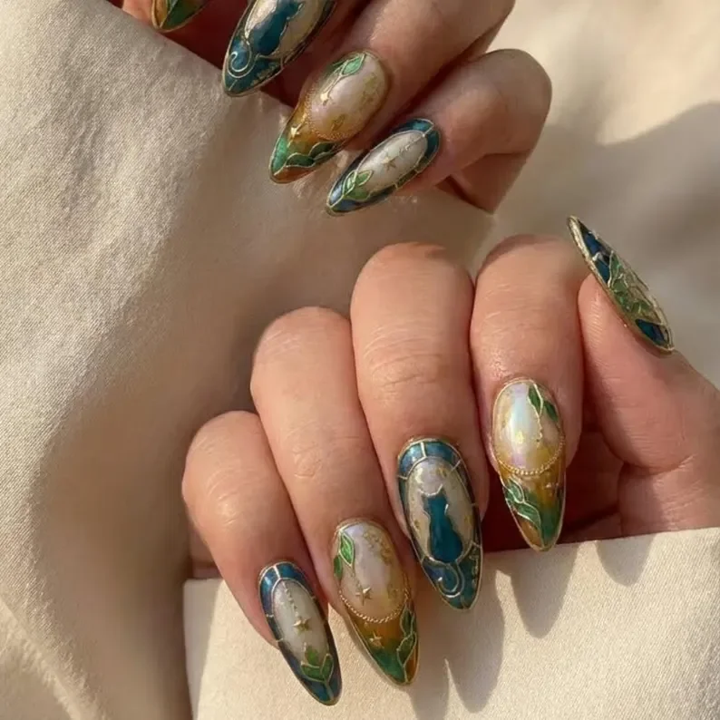 cat themed nails, 3D nail design, press on nails, custom press on nails, fake nails, Nails Art, stained glass nails, gold press on nails, 3d press on nails, luxury press on nails, handmade press on nails