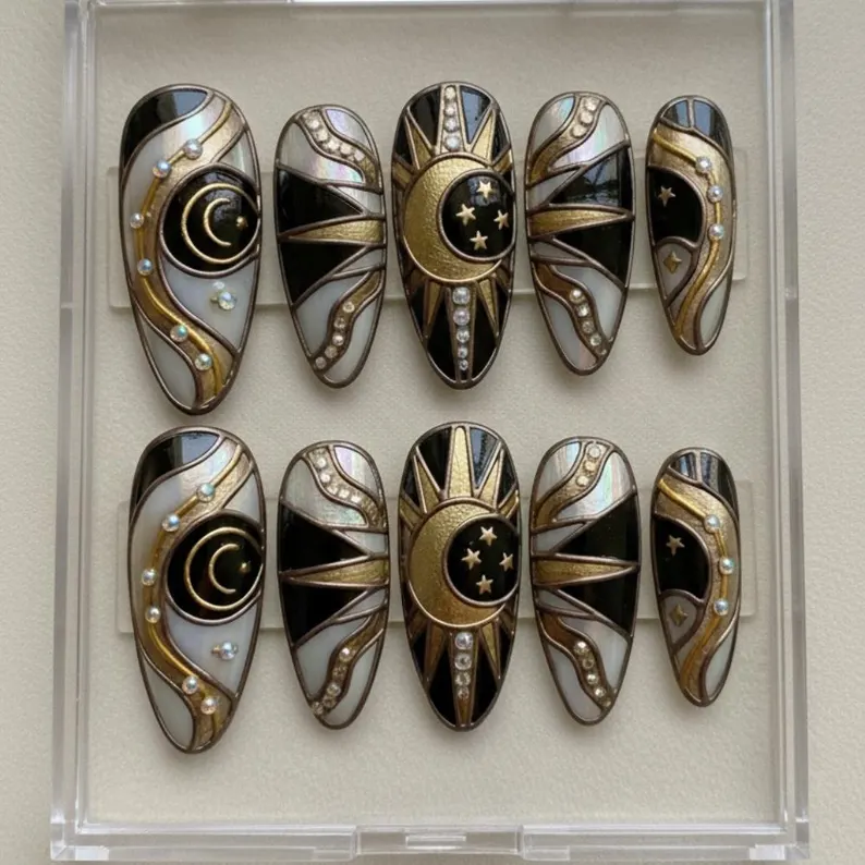 3D gold nails, black moon nails, press on nails, custom press on nails, fake nails, Nails Art, stained glass nails, gold press on nails, 3d press on nails, luxury press on nails, handmade press on nails