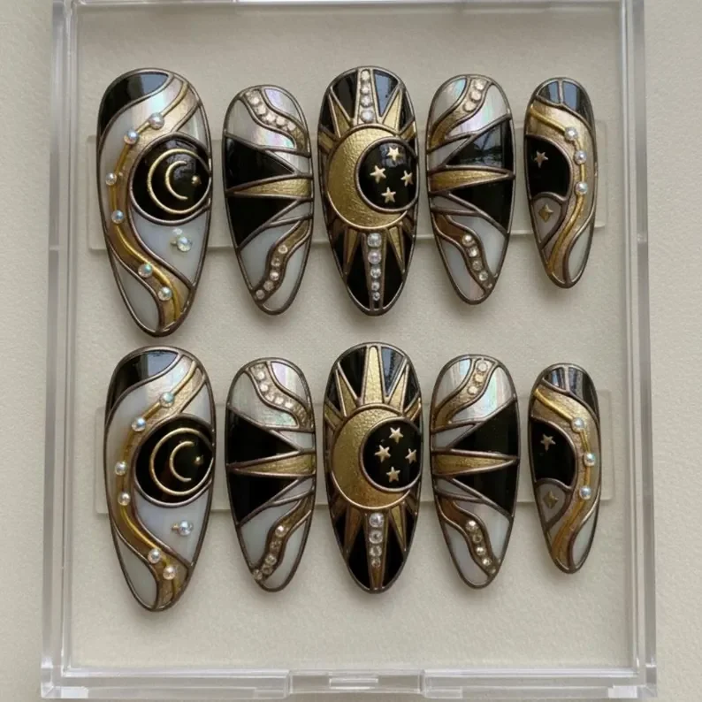 3D gold nails, black moon nails, press on nails, custom press on nails, fake nails, Nails Art, stained glass nails, gold press on nails, 3d press on nails, luxury press on nails, handmade press on nails
