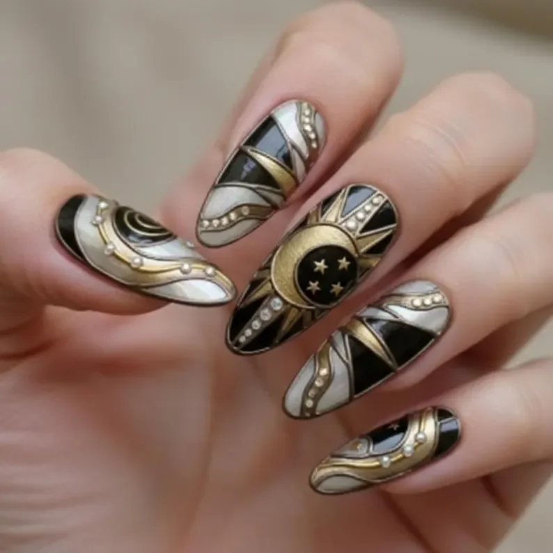 mystical themes, celestial art, press on nails, custom press on nails, fake nails, Nails Art, stained glass nails, gold press on nails, 3d press on nails, luxury press on nails, handmade press on nails