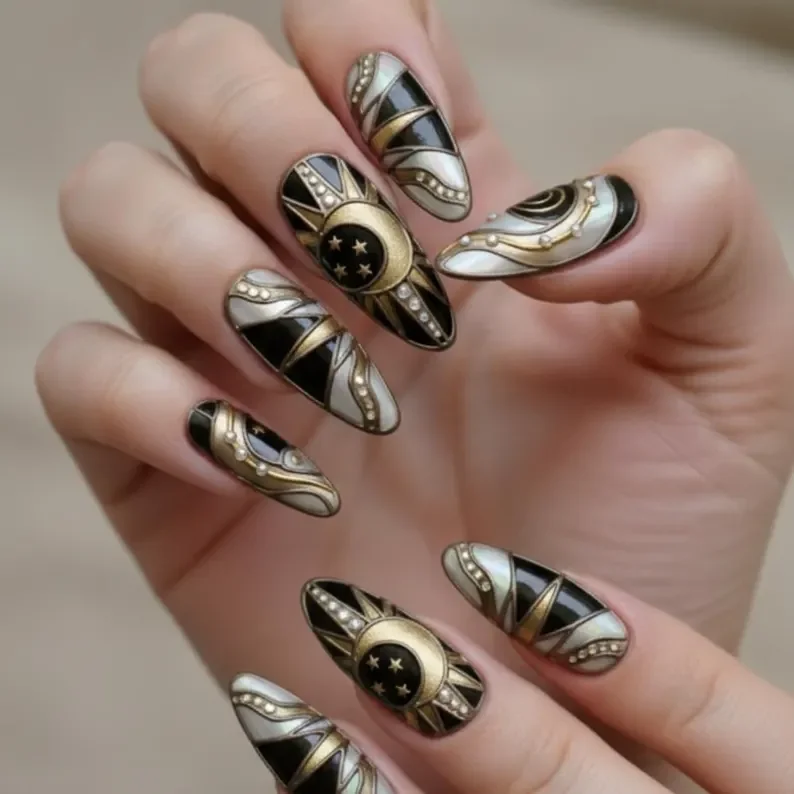 goth art, whimsical nails, press on nails, custom press on nails, fake nails, Nails Art, stained glass nails, gold press on nails, 3d press on nails, luxury press on nails, handmade press on nails