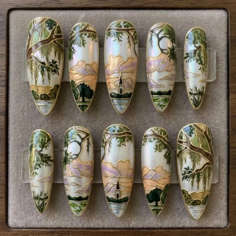 National Prairie Day, Scenic Stained Glass, press on nails, custom press on nails, fake nails, Nails Art, stained glass nails, gold press on nails, 3d press on nails, luxury press on nails, handmade press on nails