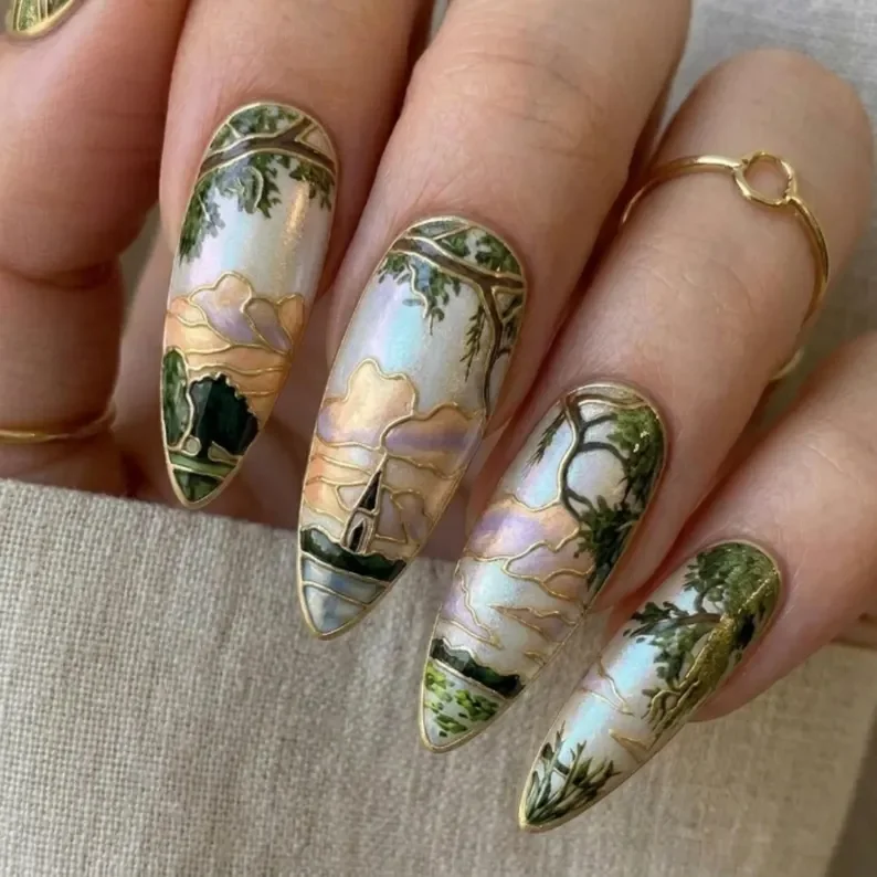 Serene Landscape, Sunset Nature Art, press on nails, custom press on nails, fake nails, Nails Art, stained glass nails, gold press on nails, 3d press on nails, luxury press on nails, handmade press on nails