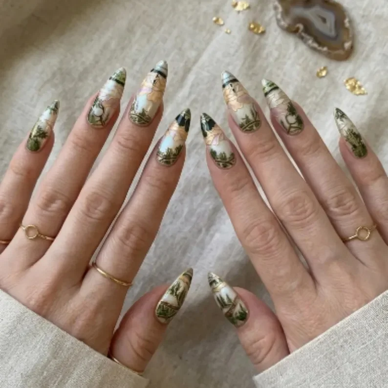 Nature Landscape, Stained Glass Nails, press on nails, custom press on nails, fake nails, Nails Art, stained glass nails, gold press on nails, 3d press on nails, luxury press on nails, handmade press on nails