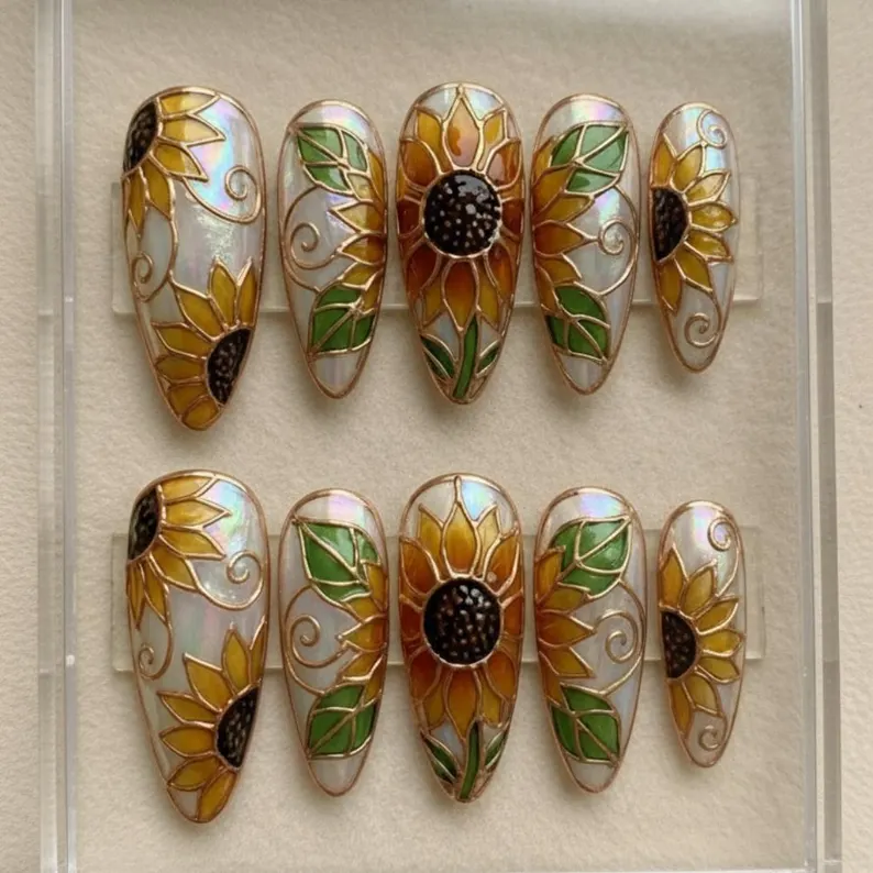 sunflower press on nails, stained glass nails, press on nails, custom press on nails, fake nails, Nails Art, gold press on nails, 3d press on nails, luxury press on nails, handmade press on nails