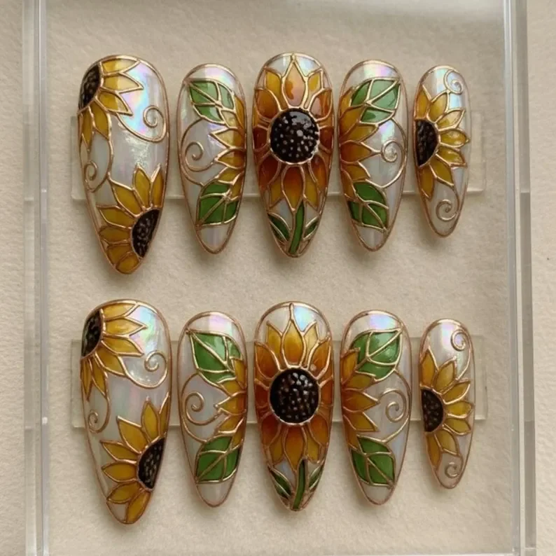 sunflower press on nails, stained glass nails, press on nails, custom press on nails, fake nails, Nails Art, gold press on nails, 3d press on nails, luxury press on nails, handmade press on nails