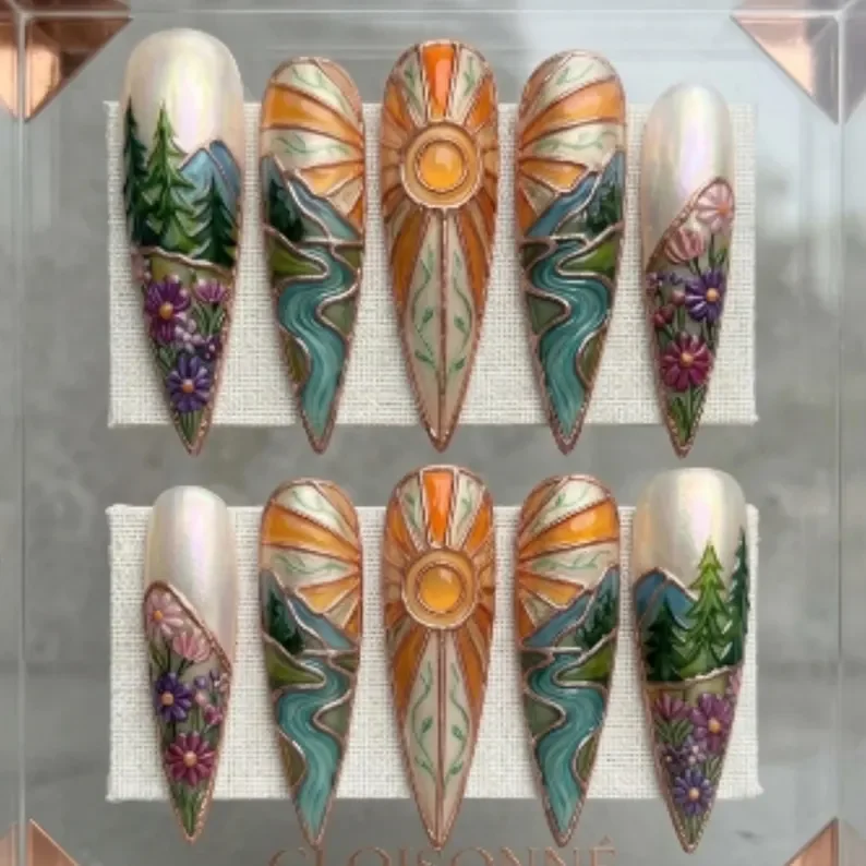 mountain river art, nature’s cathedral, press on nails, custom press on nails, fake nails, Nails Art, stained glass nails, gold press on nails, 3d press on nails, luxury press on nails, handmade press on nails