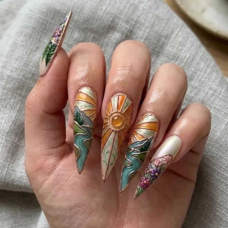 art deco nails, faux stained glass, press on nails, custom press on nails, fake nails, Nails Art, stained glass nails, gold press on nails, 3d press on nails, luxury press on nails, handmade press on nails