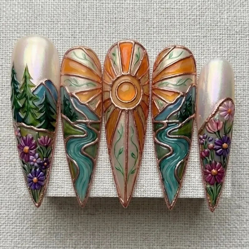 stained glass nails, press on nails, custom press on nails, fake nails, Nails Art, gold press on nails, 3d press on nails, luxury press on nails, handmade press on nails