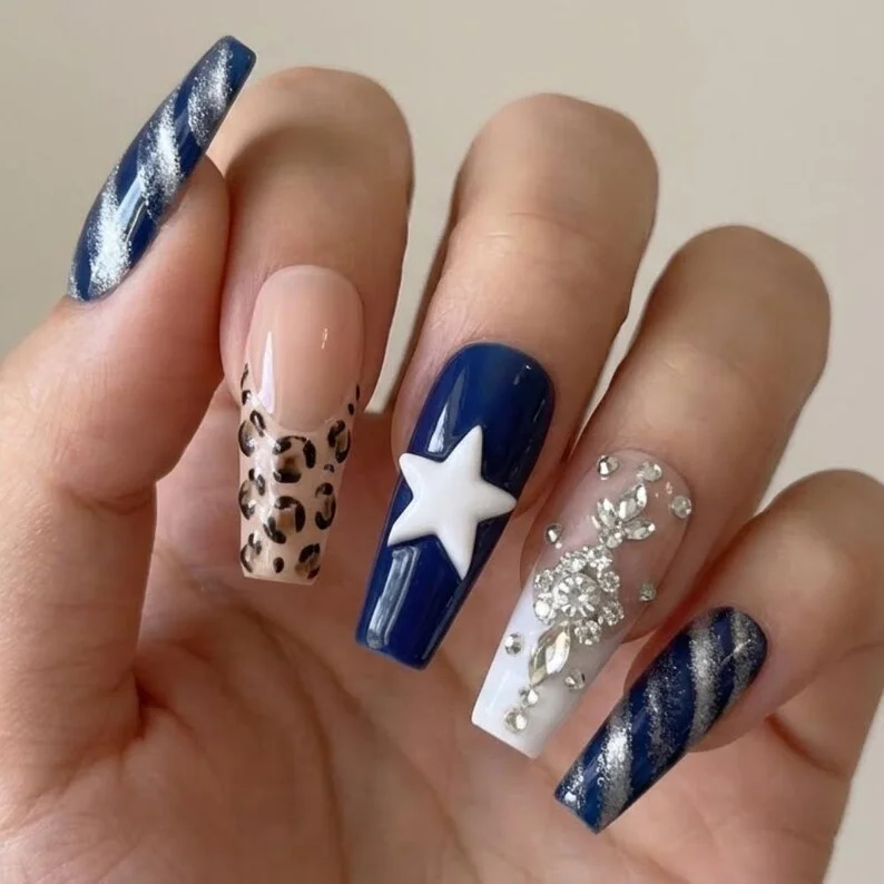 press on nails, navy blue nails, custom press on nails, fake nails, Nails Art, stained glass nails, gold press on nails, 3d press on nails, luxury press on nails, handmade press on nails