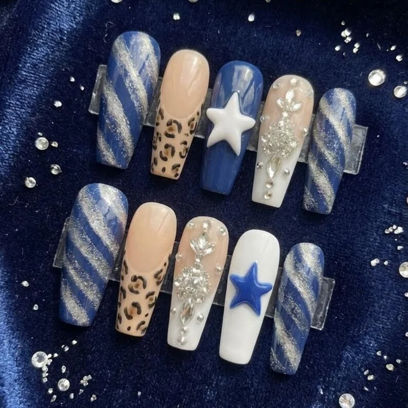 navy blue press on, star press on nails, press on nails, custom press on nails, fake nails, Nails Art, stained glass nails, gold press on nails, 3d press on nails, luxury press on nails, handmade press on nails