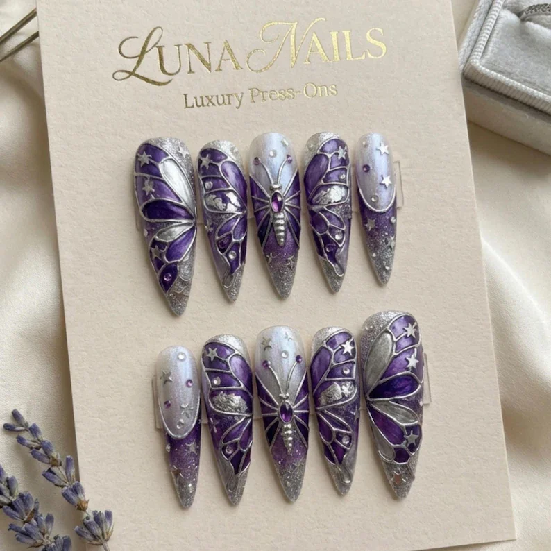 silver chrome nails, gothic butterfly art, press on nails, custom press on nails, fake nails, Nails Art, stained glass nails, gold press on nails, 3d press on nails, luxury press on nails, handmade press on nails