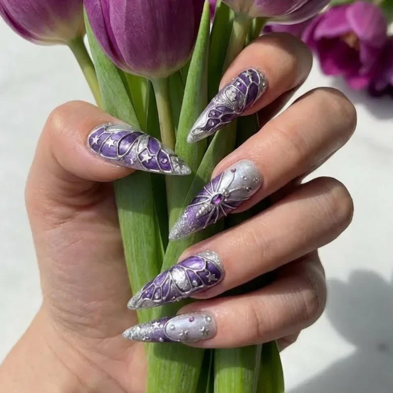 nebula wings nails, chrome butterfly, press on nails, custom press on nails, fake nails, Nails Art, stained glass nails, gold press on nails, 3d press on nails, luxury press on nails, handmade press on nails