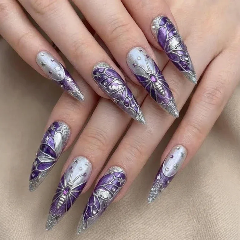 butterfly nail art, silver chrome manicure, press on nails, custom press on nails, fake nails, Nails Art, stained glass nails, gold press on nails, 3d press on nails, luxury press on nails, handmade press on nails