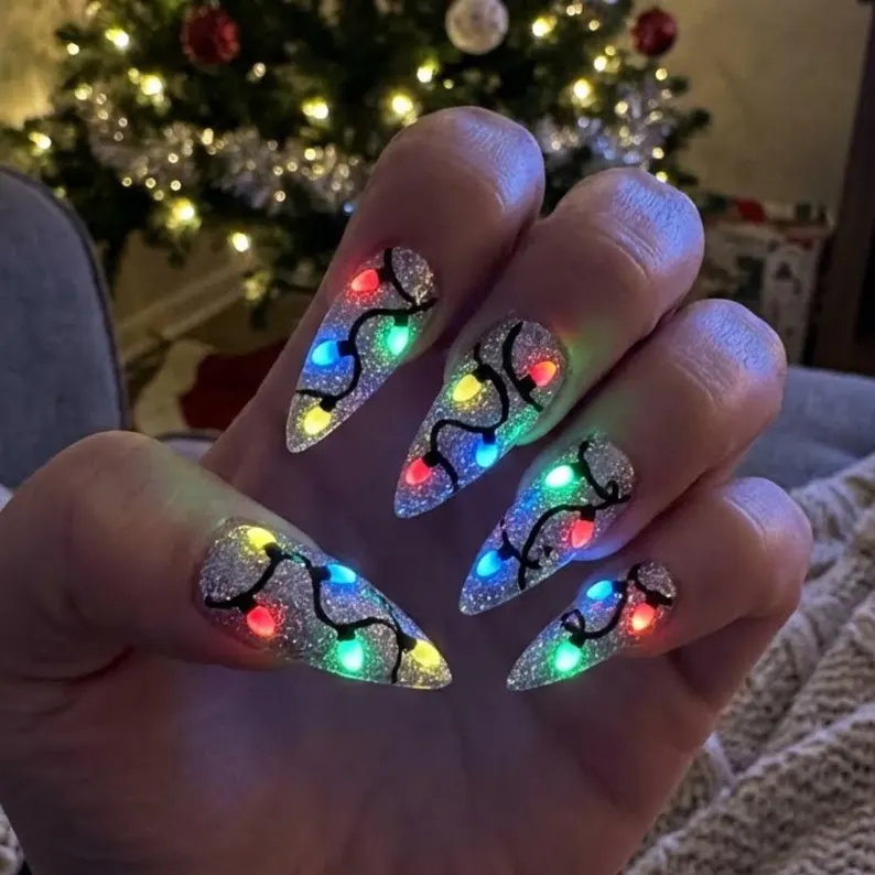 Silver Glitter, Festive Nail Art, press on nails, custom press on nails, fake nails, Nails Art, stained glass nails, gold press on nails, 3d press on nails, luxury press on nails, handmade press on nails