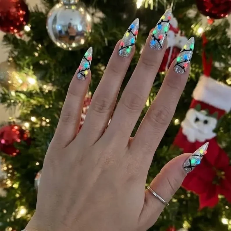Silver Glitter, Festive Nail Art, press on nails, custom press on nails, fake nails, Nails Art, stained glass nails, gold press on nails, 3d press on nails, luxury press on nails, handmade press on nails