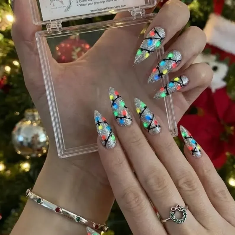 Christmas Nail Design, Glitter Nail Tips, press on nails, custom press on nails, fake nails, Nails Art, stained glass nails, gold press on nails, 3d press on nails, luxury press on nails, handmade press on nails