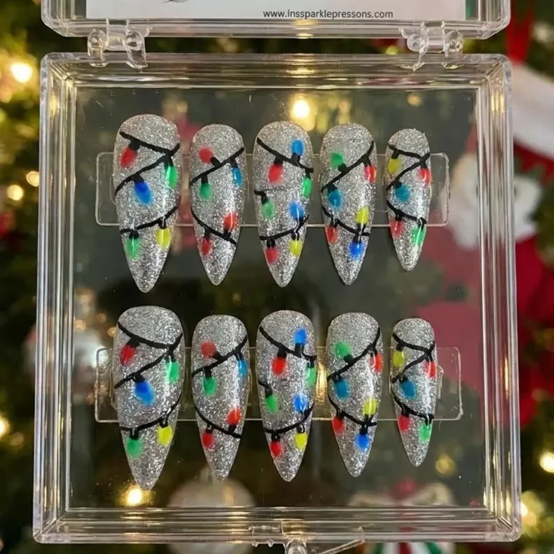 Neon Christmas Lights, Press On Nails, press on nails, custom press on nails, fake nails, Nails Art, stained glass nails, gold press on nails, 3d press on nails, luxury press on nails, handmade press on nails