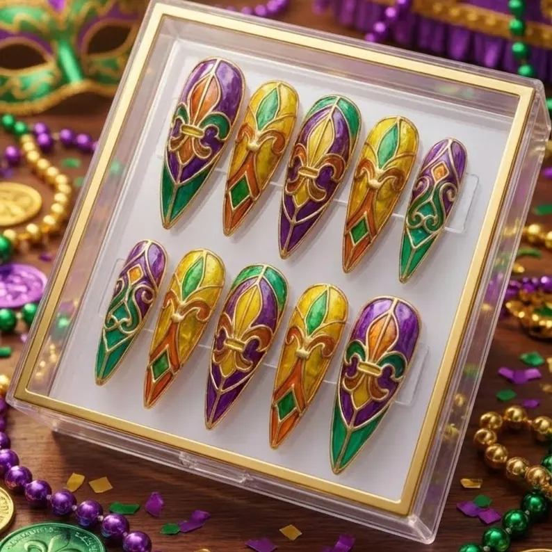 fleur-de-lis nail art, luxury nail art, press on nails, custom press on nails, fake nails, Nails Art, stained glass nails, gold press on nails, 3d press on nails, luxury press on nails, handmade press on nails