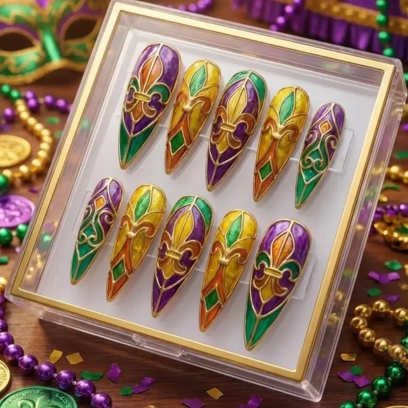 NOLA inspired nails, Mardi Gras nails, press on nails, custom press on nails, fake nails, Nails Art, stained glass nails, gold press on nails, 3d press on nails, luxury press on nails, handmade press on nails