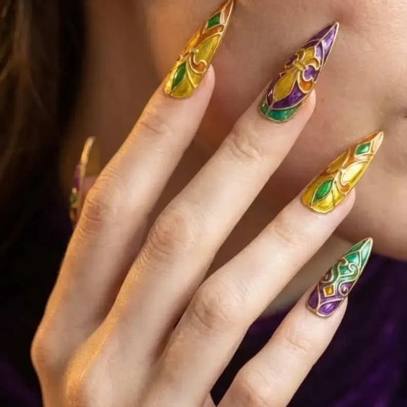 stained glass nails, press-on nails, press on nails, custom press on nails, fake nails, Nails Art, gold press on nails, 3d press on nails, luxury press on nails, handmade press on nails