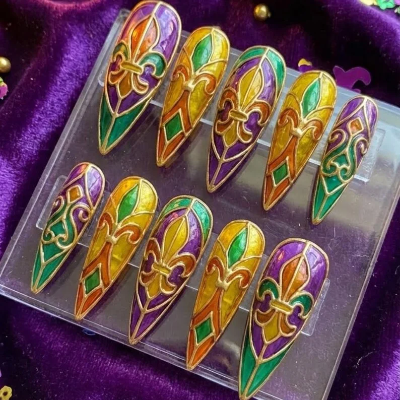 Mardi Gras nail design, NOLA inspired nails, press on nails, custom press on nails, fake nails, Nails Art, stained glass nails, gold press on nails, 3d press on nails, luxury press on nails, handmade press on nails