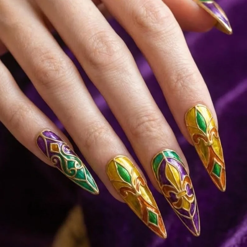 Mardi Gras nails, stained glass nails, press on nails, custom press on nails, fake nails, Nails Art, gold press on nails, 3d press on nails, luxury press on nails, handmade press on nails