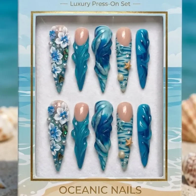 ocean breeze nails, luxury beach vacation, press on nails, custom press on nails, fake nails, Nails Art, stained glass nails, gold press on nails, 3d press on nails, luxury press on nails, handmade press on nails