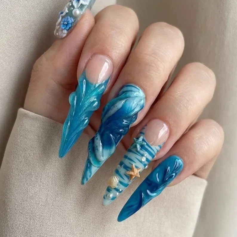 press on nails, 3D mermaid wave, custom press on nails, fake nails, Nails Art, stained glass nails, gold press on nails, 3d press on nails, luxury press on nails, handmade press on nails