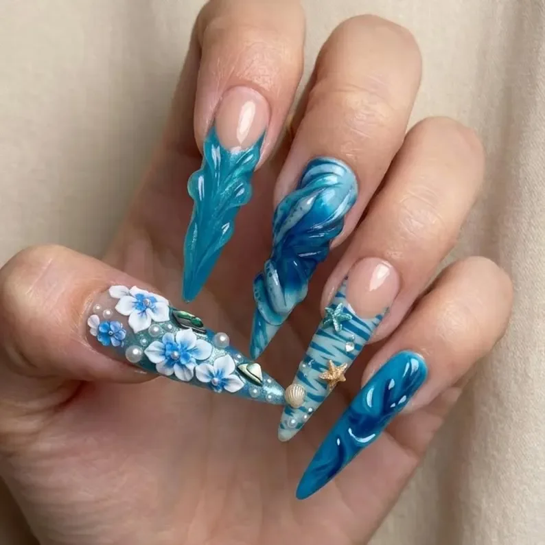hibiscus nail art, mermaid wave design, press on nails, custom press on nails, fake nails, Nails Art, stained glass nails, gold press on nails, 3d press on nails, luxury press on nails, handmade press on nails