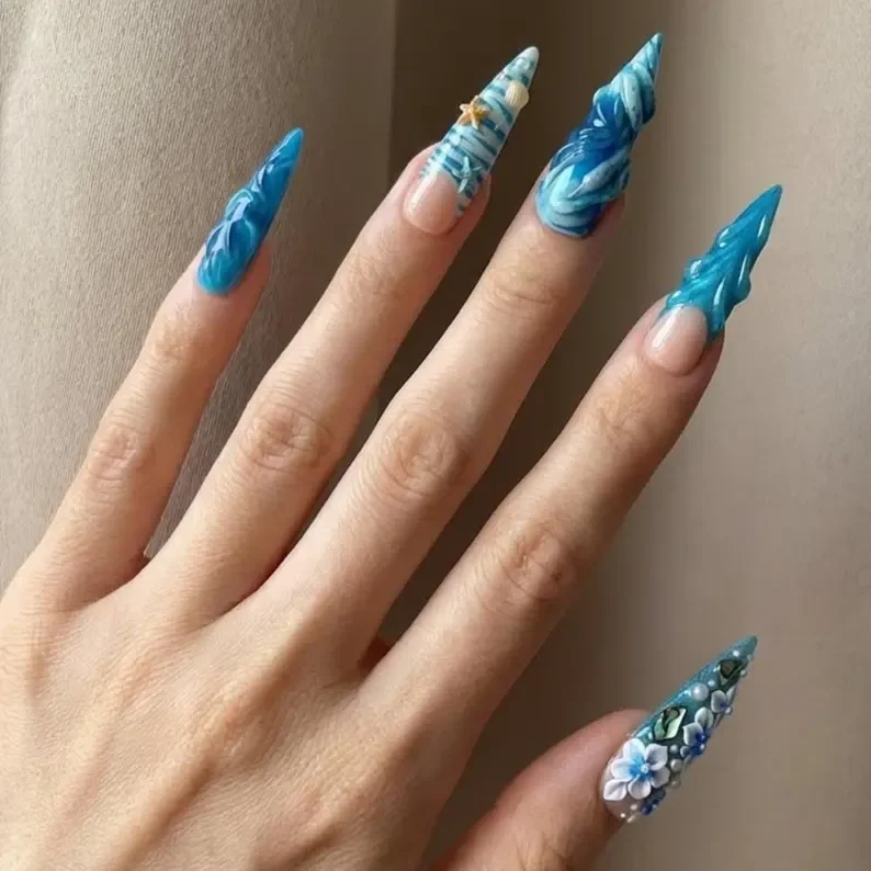 beach vacation nails, ocean themed nails, press on nails, custom press on nails, fake nails, Nails Art, stained glass nails, gold press on nails, 3d press on nails, luxury press on nails, handmade press on nails