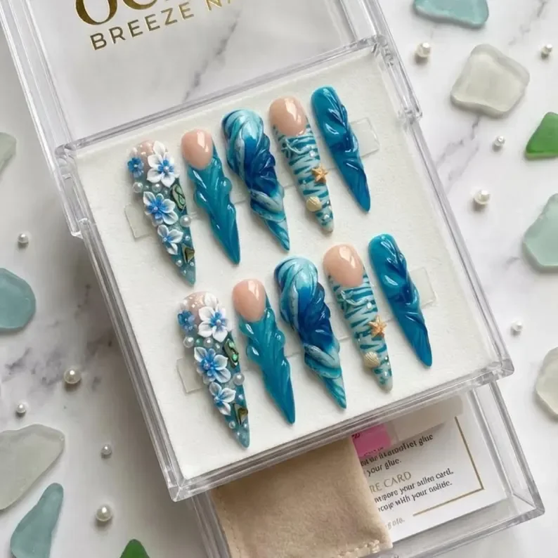 press on nails, 3D mermaid wave, custom press on nails, fake nails, Nails Art, stained glass nails, gold press on nails, 3d press on nails, luxury press on nails, handmade press on nails