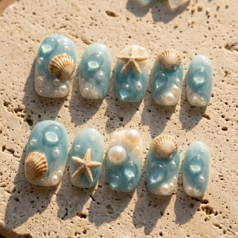 ocean breeze nails, super short press on, press on nails, custom press on nails, fake nails, Nails Art, stained glass nails, gold press on nails, 3d press on nails, luxury press on nails, handmade press on nails