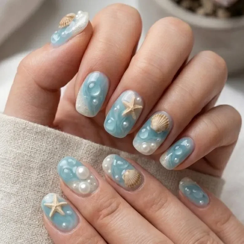 3D seashell nails, starfish press on, press on nails, custom press on nails, fake nails, Nails Art, stained glass nails, gold press on nails, 3d press on nails, luxury press on nails, handmade press on nails