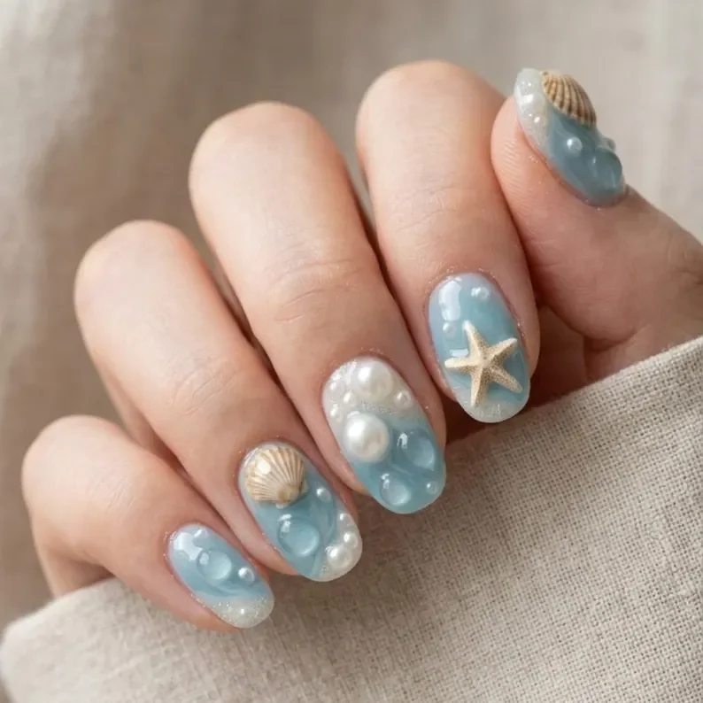 beach themed nails, ocean inspired nails, press on nails, custom press on nails, fake nails, Nails Art, stained glass nails, gold press on nails, 3d press on nails, luxury press on nails, handmade press on nails