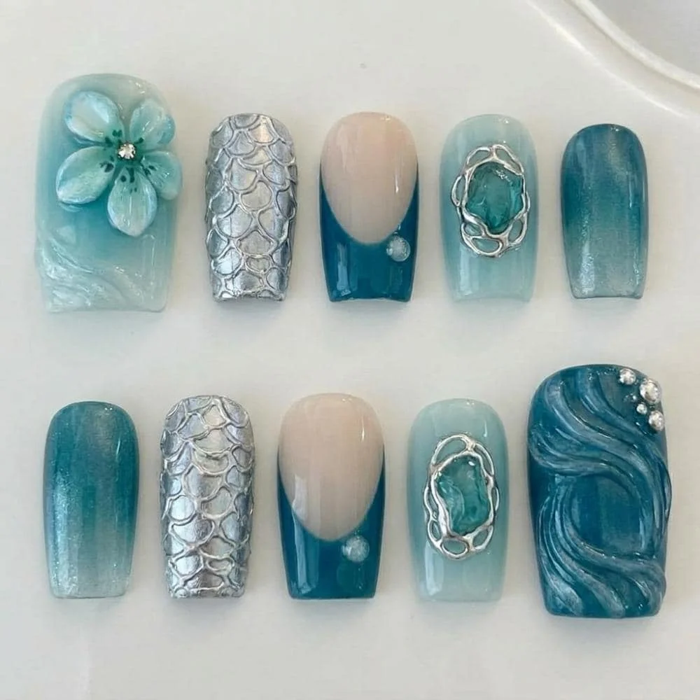 ocean mermaid, press on toes, press on nails, custom press on nails, fake nails, Nails Art, stained glass nails, gold press on nails, 3d press on nails, luxury press on nails, handmade press on nails