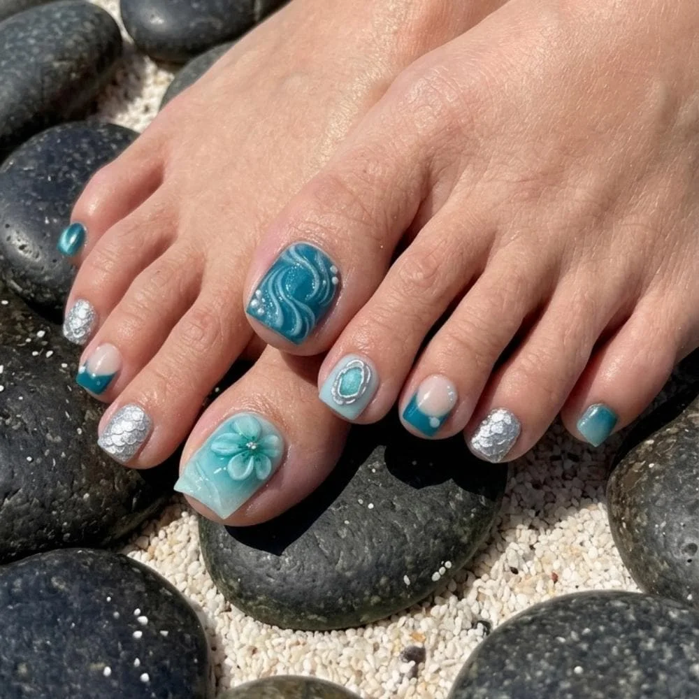 3D wave, sea flower, press on nails, custom press on nails, fake nails, Nails Art, stained glass nails, gold press on nails, 3d press on nails, luxury press on nails, handmade press on nails