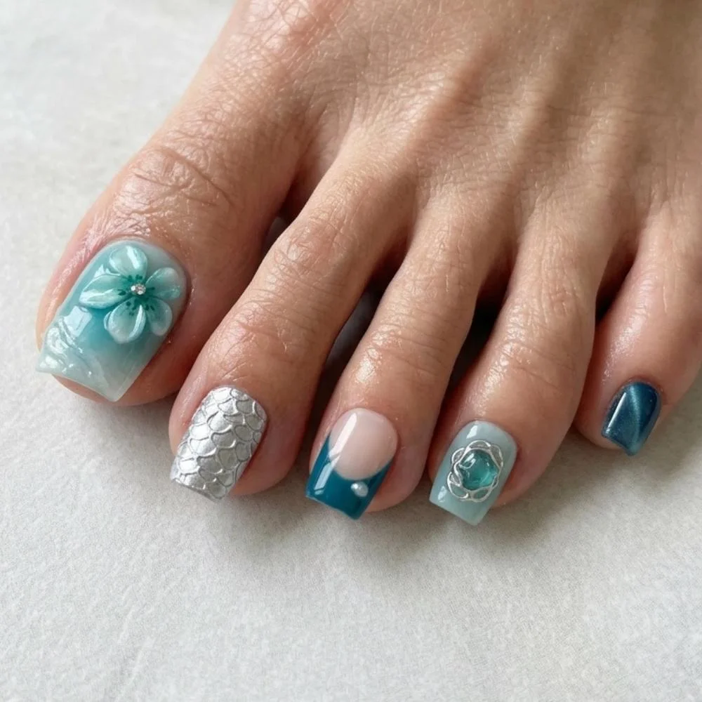wave design, mermaid style, press on nails, custom press on nails, fake nails, Nails Art, stained glass nails, gold press on nails, 3d press on nails, luxury press on nails, handmade press on nails