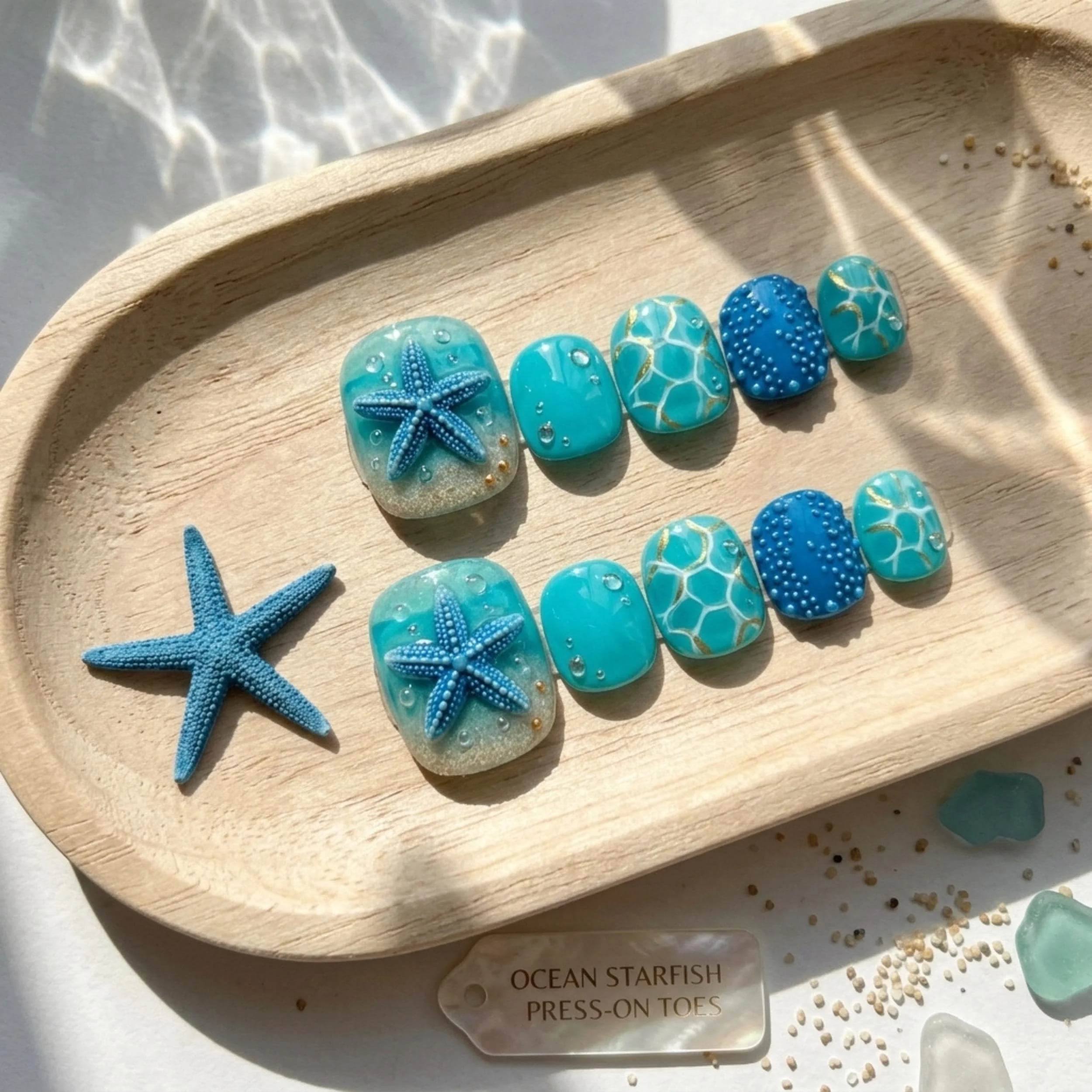 ocean starfish, 3D hand-painted, press on nails, custom press on nails, fake nails, Nails Art, stained glass nails, gold press on nails, 3d press on nails, luxury press on nails, handmade press on nails