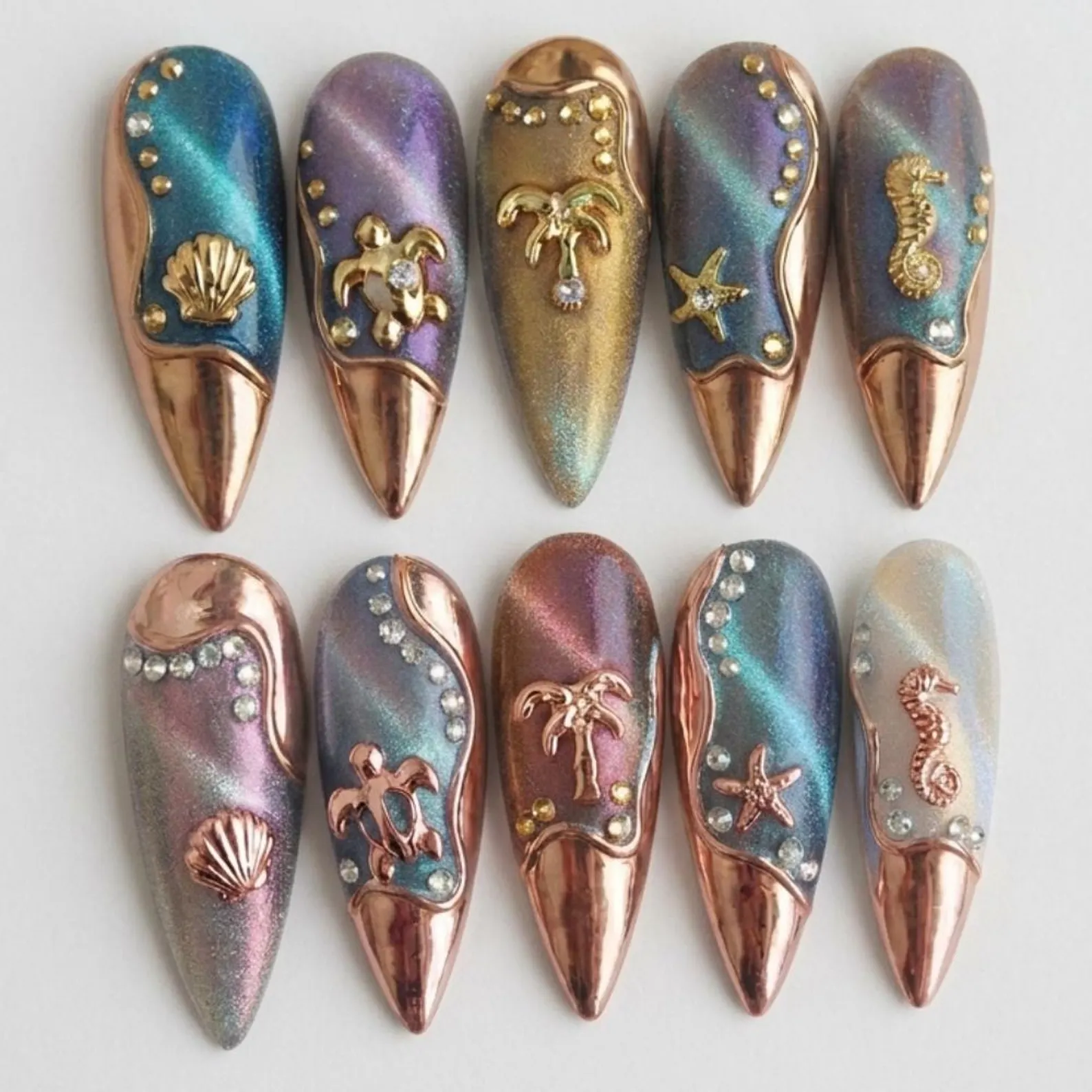 3D sea charms, cat eye magnetic, press on nails, custom press on nails, fake nails, Nails Art, stained glass nails, gold press on nails, 3d press on nails, luxury press on nails, handmade press on nails