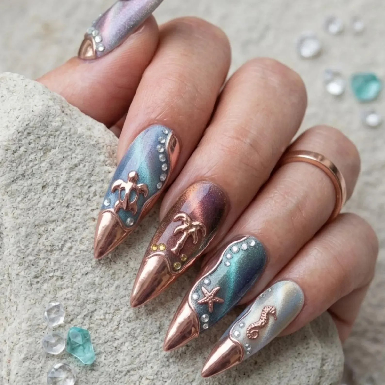 3D sea charms, cat eye magnetic, press on nails, custom press on nails, fake nails, Nails Art, stained glass nails, gold press on nails, 3d press on nails, luxury press on nails, handmade press on nails
